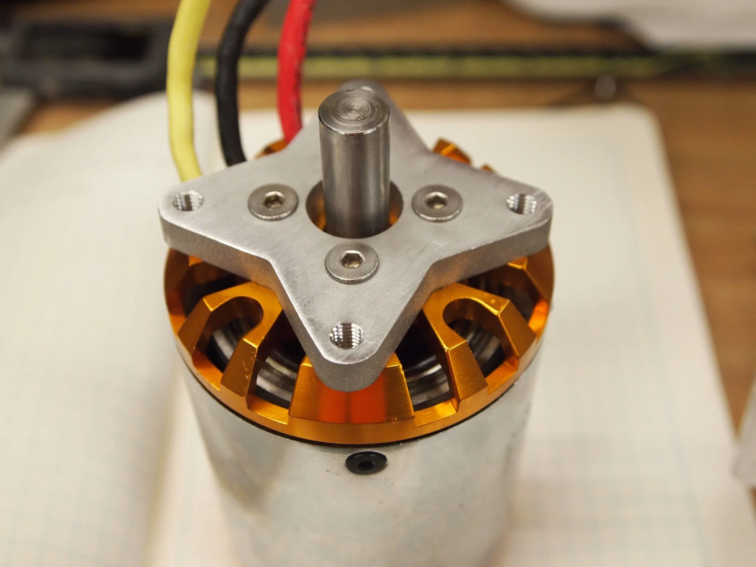 The motor mount attached to the large brushless motor.